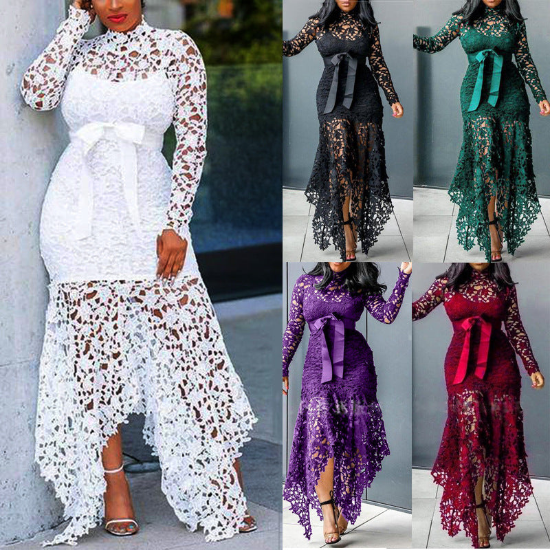 new european and american style women's export dress -  lace hollow-out long sleeve stand collar tie-up irregular dress in 5 colors