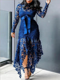 new european and american style women's export dress -  lace hollow-out long sleeve stand collar tie-up irregular dress in 5 colors