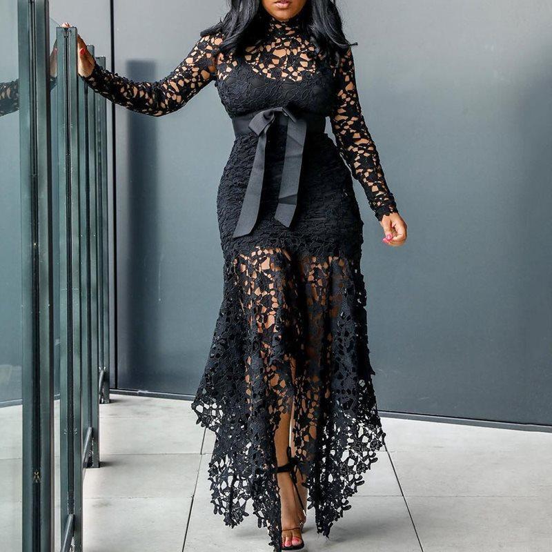 new european and american style women's export dress -  lace hollow-out long sleeve stand collar tie-up irregular dress in 5 colors