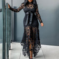 new european and american style women's export dress -  lace hollow-out long sleeve stand collar tie-up irregular dress in 5 colors