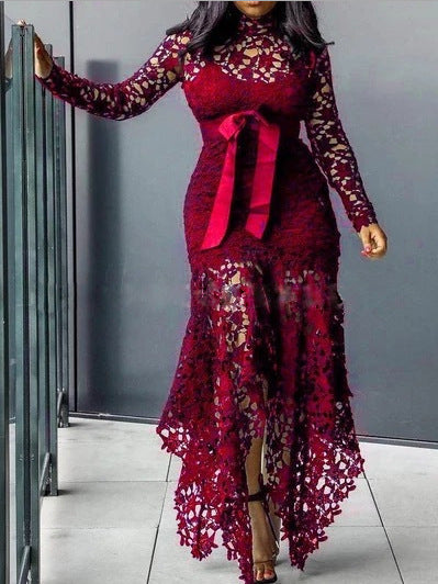 new european and american style women's export dress -  lace hollow-out long sleeve stand collar tie-up irregular dress in 5 colors