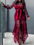new european and american style women's export dress -  lace hollow-out long sleeve stand collar tie-up irregular dress in 5 colors