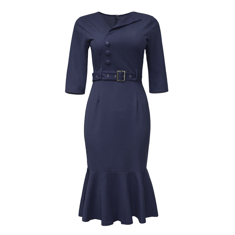 sourcing:  &  - plus size african women's v-neck ruffle hem dress with side button detail