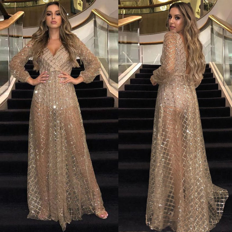 summer new arrivals: european and american style sexy v-neck backless sequin mesh evening gown/maxi dress
