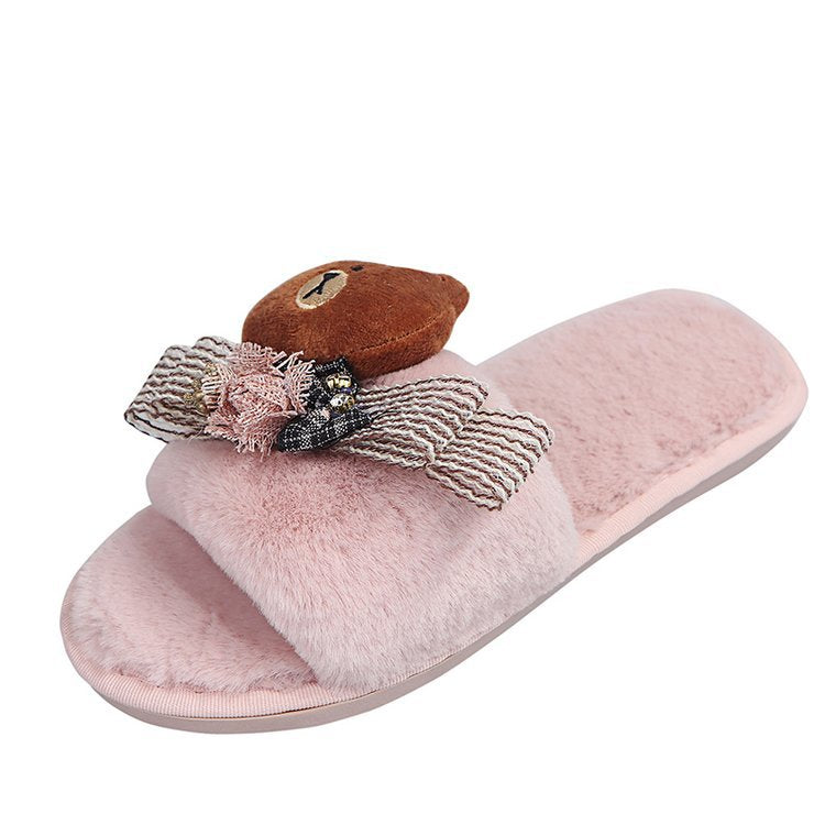 2024 cute bear couple cotton slippers warm open toe indoor home linen slippers autumn and winter women's cotton slippers wholesale