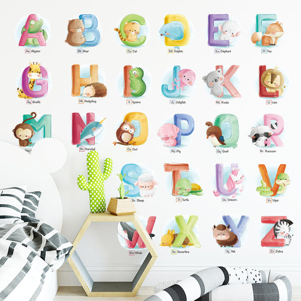 Wall stickers Cartoon animals English alphabet Reading pictures Literacy fun Early education Children's room Kindergarten 26 letters