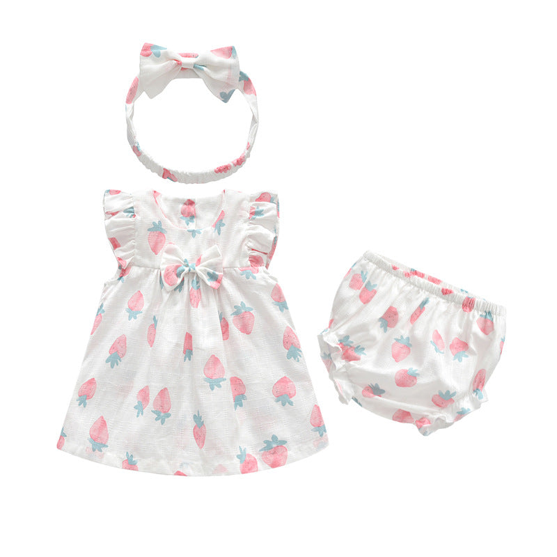 Girls' summer korean style pure cotton short-sleeve letter print dress, baby dress, cute infant dress, three-piece girls' outfit