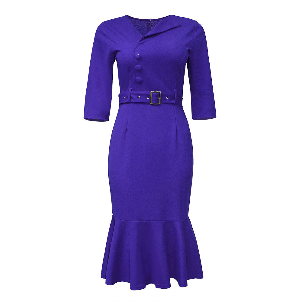 sourcing:  &  - plus size african women's v-neck ruffle hem dress with side button detail