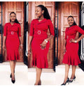 sourcing:  &  - plus size african women's v-neck ruffle hem dress with side button detail
