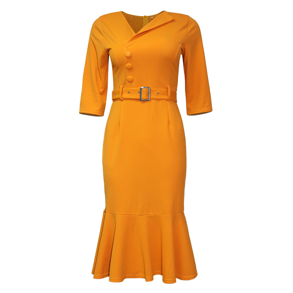 sourcing:  &  - plus size african women's v-neck ruffle hem dress with side button detail