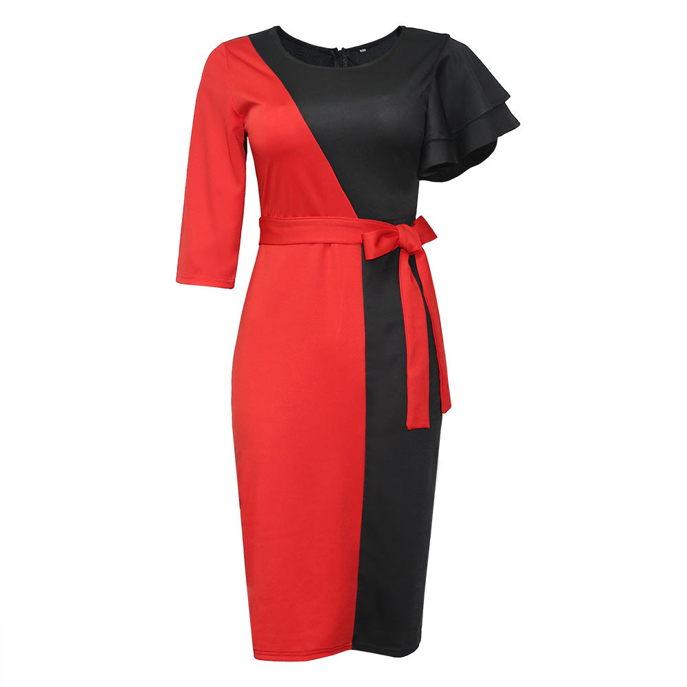 fashion african   hot-selling two-color patchwork asymmetrical sleeves belt dress