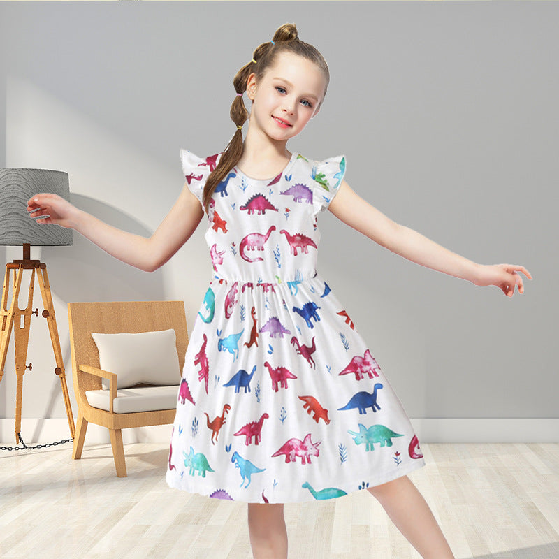 Summer's hottest new item: girls' dresses! cross-border bestseller featuring flutter sleeves and colorful dinosaur designs. wholesale available