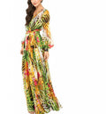 spring/summer new european and american style women's dress - v-neck, lantern sleeves, red leaf print, foreign trade maxi dress, flared skirt