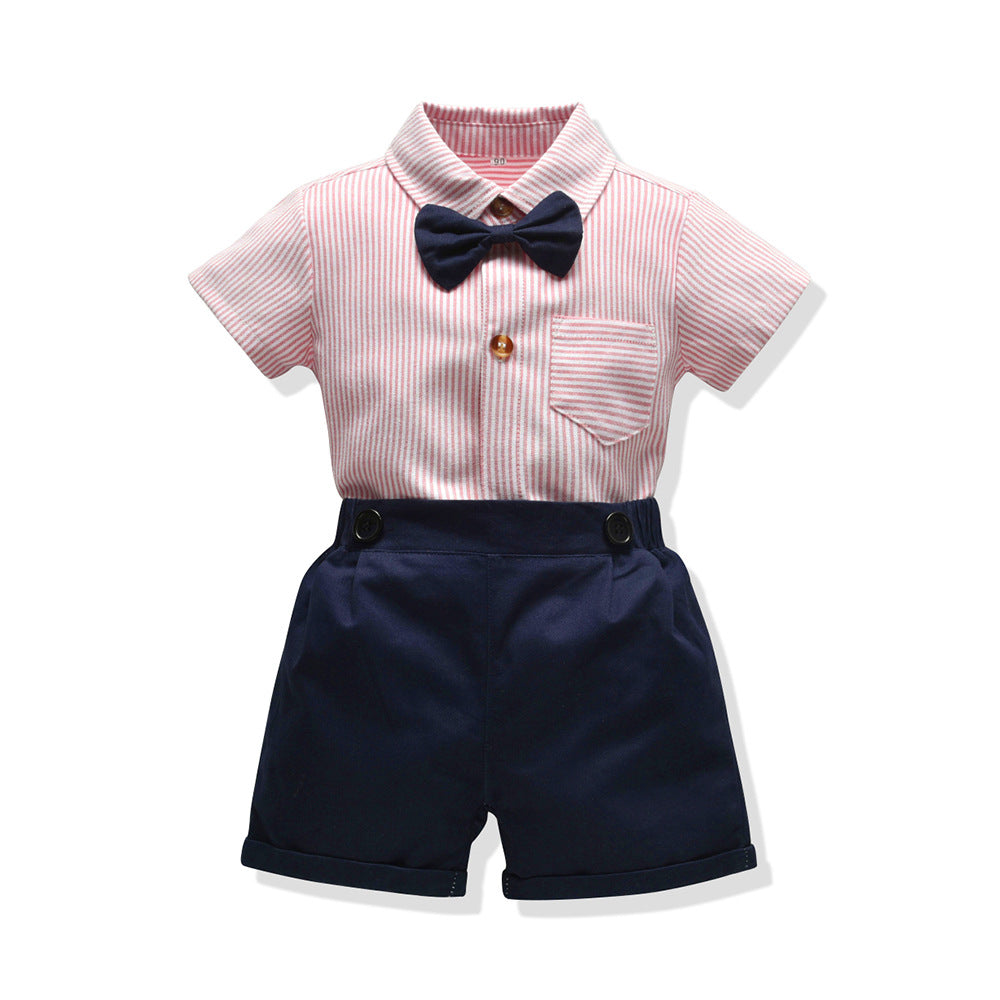 K-stylesummernew arrivalboys bag butt striped short-sleeved shirt gentlemansuit infant and toddler crawling suit source manufacturer