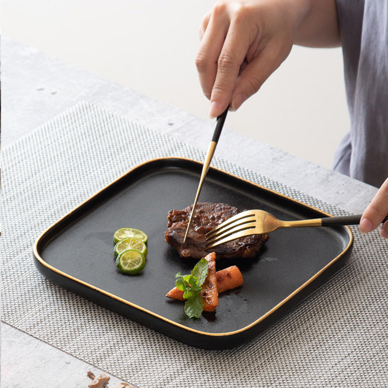 Black matte square steak plate - nordic style western home creative tableware - square ceramic serving dish with black and gold accents