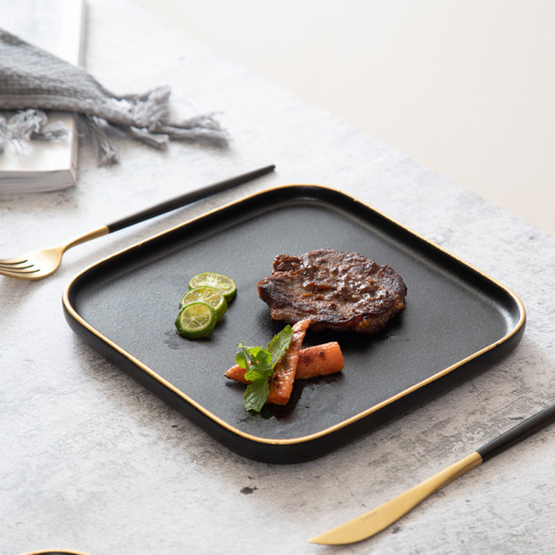Black matte square steak plate - nordic style western home creative tableware - square ceramic serving dish with black and gold accents