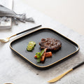 Black matte square steak plate - nordic style western home creative tableware - square ceramic serving dish with black and gold accents
