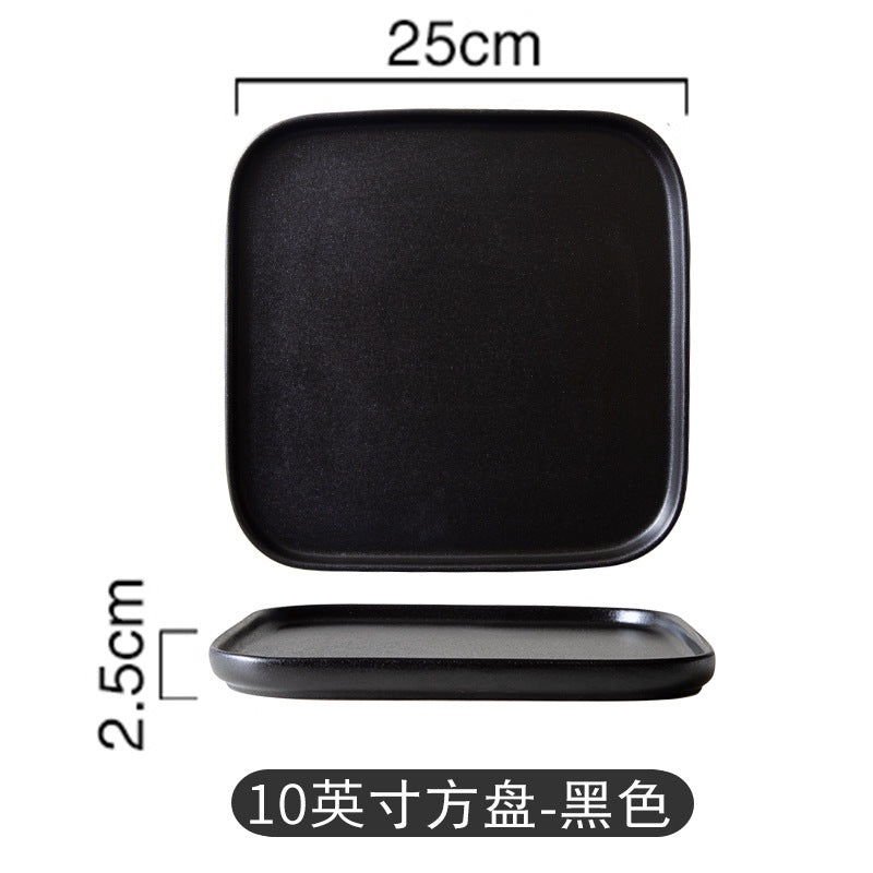 Black matte square steak plate - nordic style western home creative tableware - square ceramic serving dish with black and gold accents