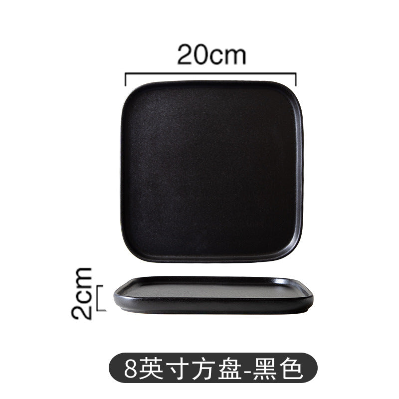 Black matte square steak plate - nordic style western home creative tableware - square ceramic serving dish with black and gold accents