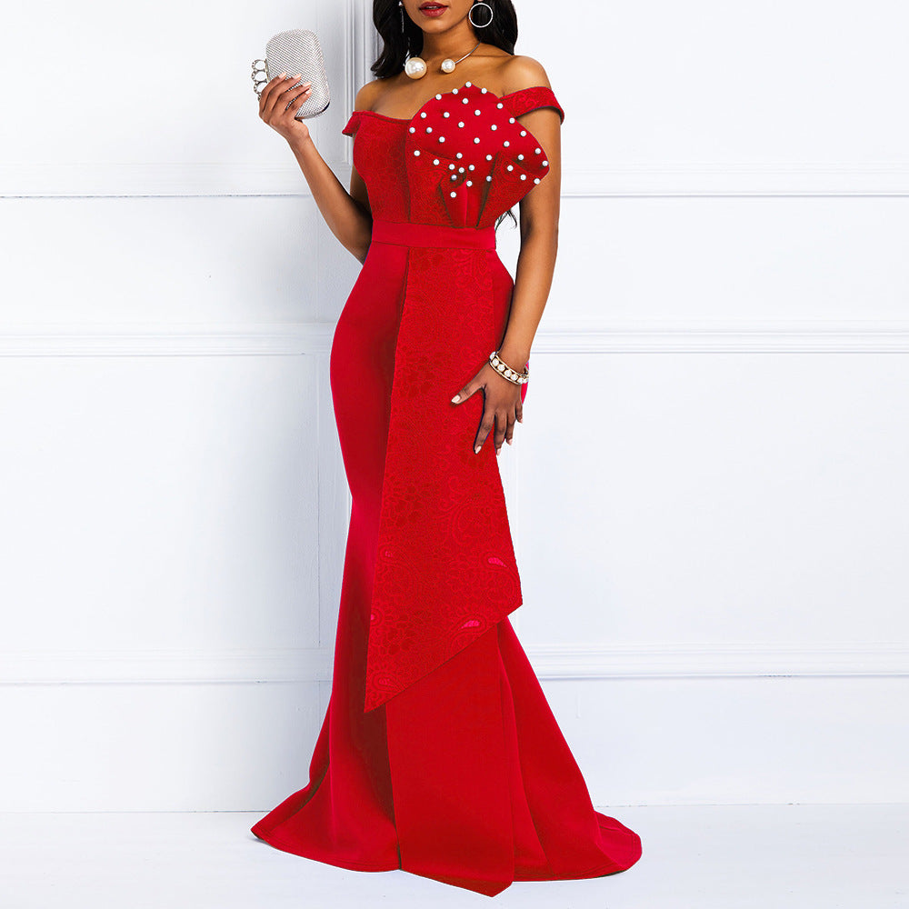 spring/summer new arrival: cross-border ins style irregular lace off-the-shoulder handmade ruffle beaded bodycon dress