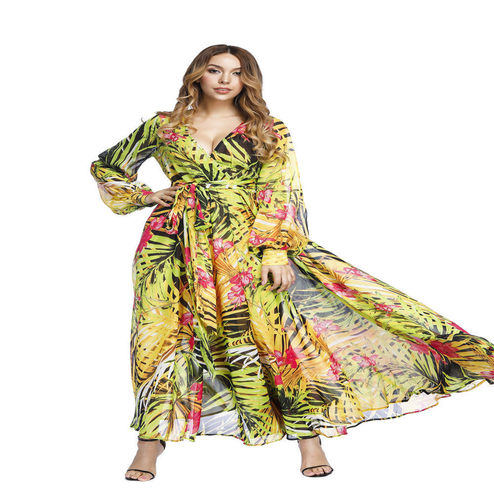 spring/summer new european and american style women's dress - v-neck, lantern sleeves, red leaf print, foreign trade maxi dress, flared skirt