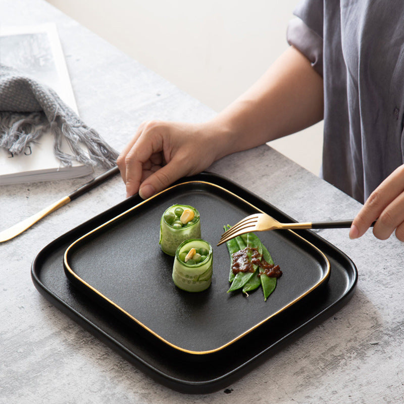 Black matte square steak plate - nordic style western home creative tableware - square ceramic serving dish with black and gold accents