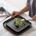 Black matte square steak plate - nordic style western home creative tableware - square ceramic serving dish with black and gold accents