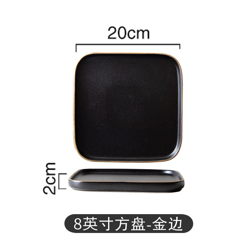 Black matte square steak plate - nordic style western home creative tableware - square ceramic serving dish with black and gold accents