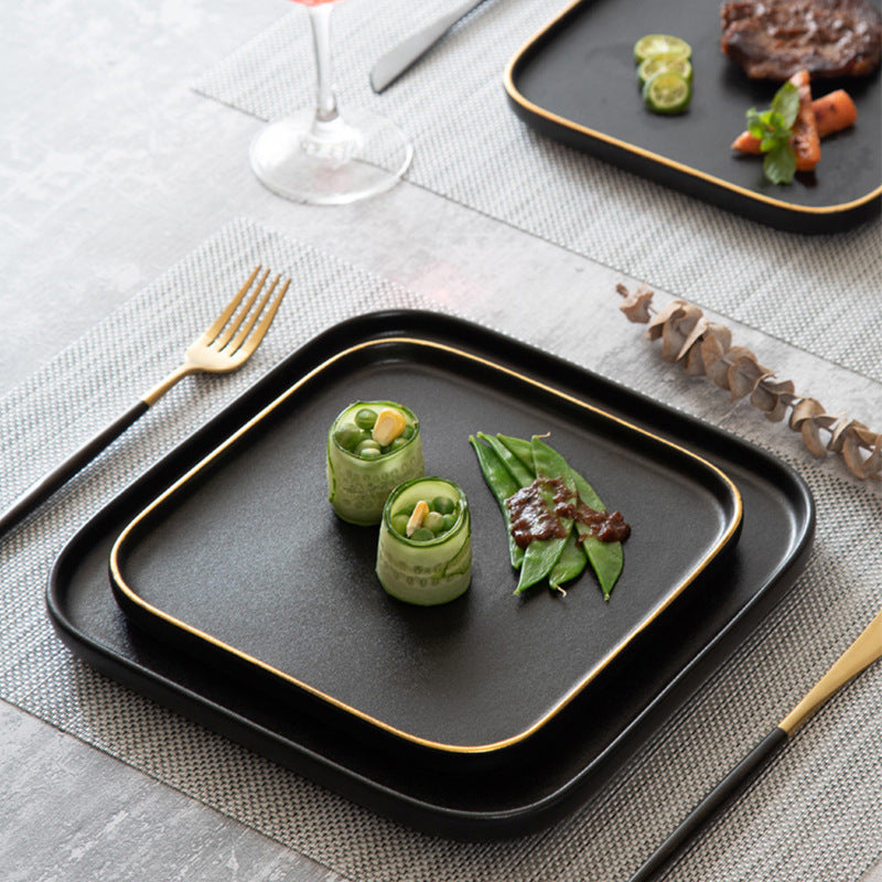 Black matte square steak plate - nordic style western home creative tableware - square ceramic serving dish with black and gold accents