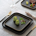 Black matte square steak plate - nordic style western home creative tableware - square ceramic serving dish with black and gold accents