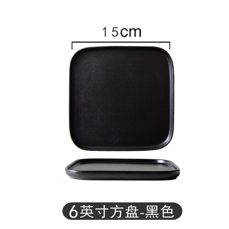 Black matte square steak plate - nordic style western home creative tableware - square ceramic serving dish with black and gold accents