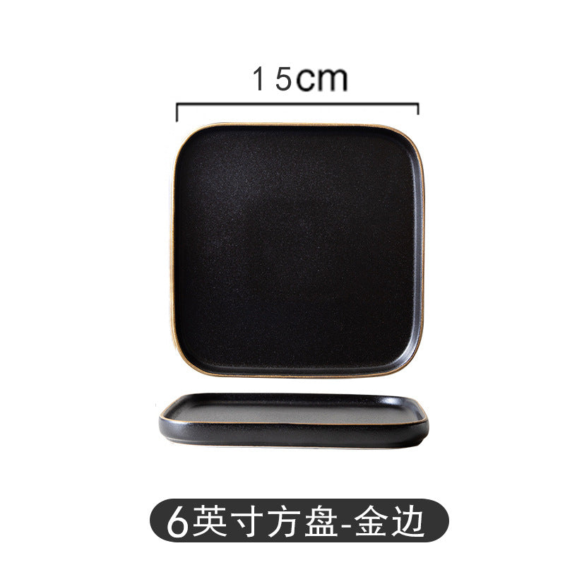 Black matte square steak plate - nordic style western home creative tableware - square ceramic serving dish with black and gold accents