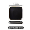 Black matte square steak plate - nordic style western home creative tableware - square ceramic serving dish with black and gold accents
