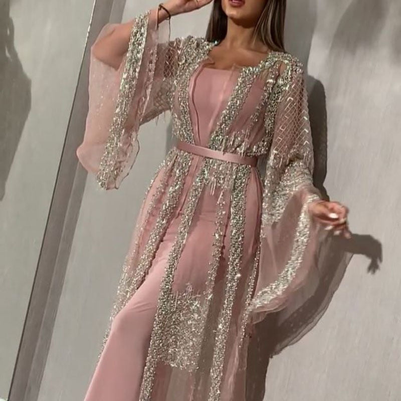 new cross-border fashion women's hot stamping flared dress sexy maxi dress shawl banquet evening gown