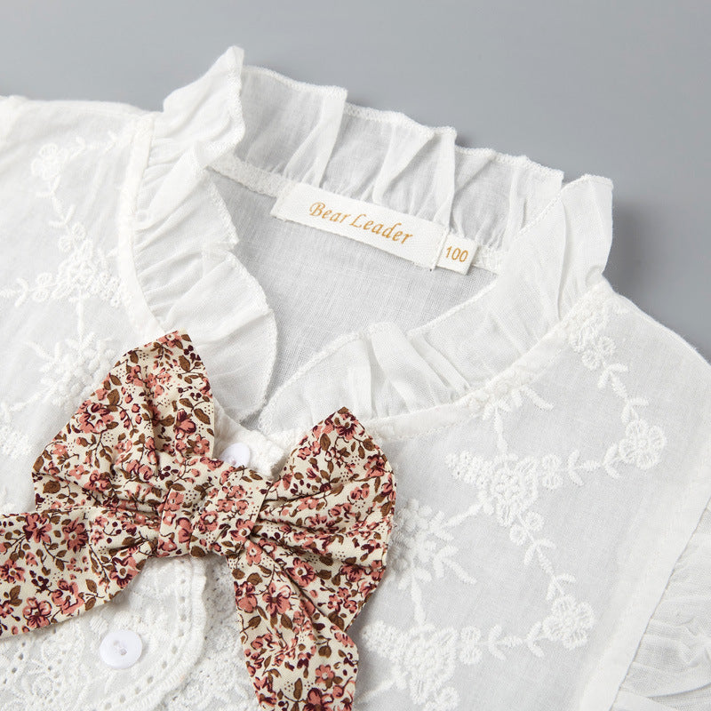 European and american cross-border summer new girls' sleeveless bow shirt and leopard print mesh skirt two-piece set children's clothing