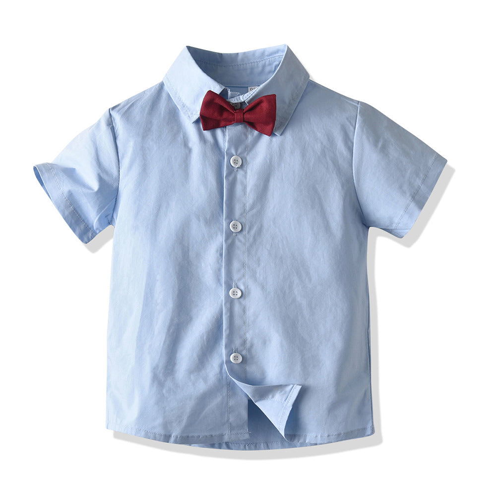 K-stylenew arrival boys spring and summer suit suspenders gentleman export short-sleeved two-piece set children's clothing wholesale baby sui