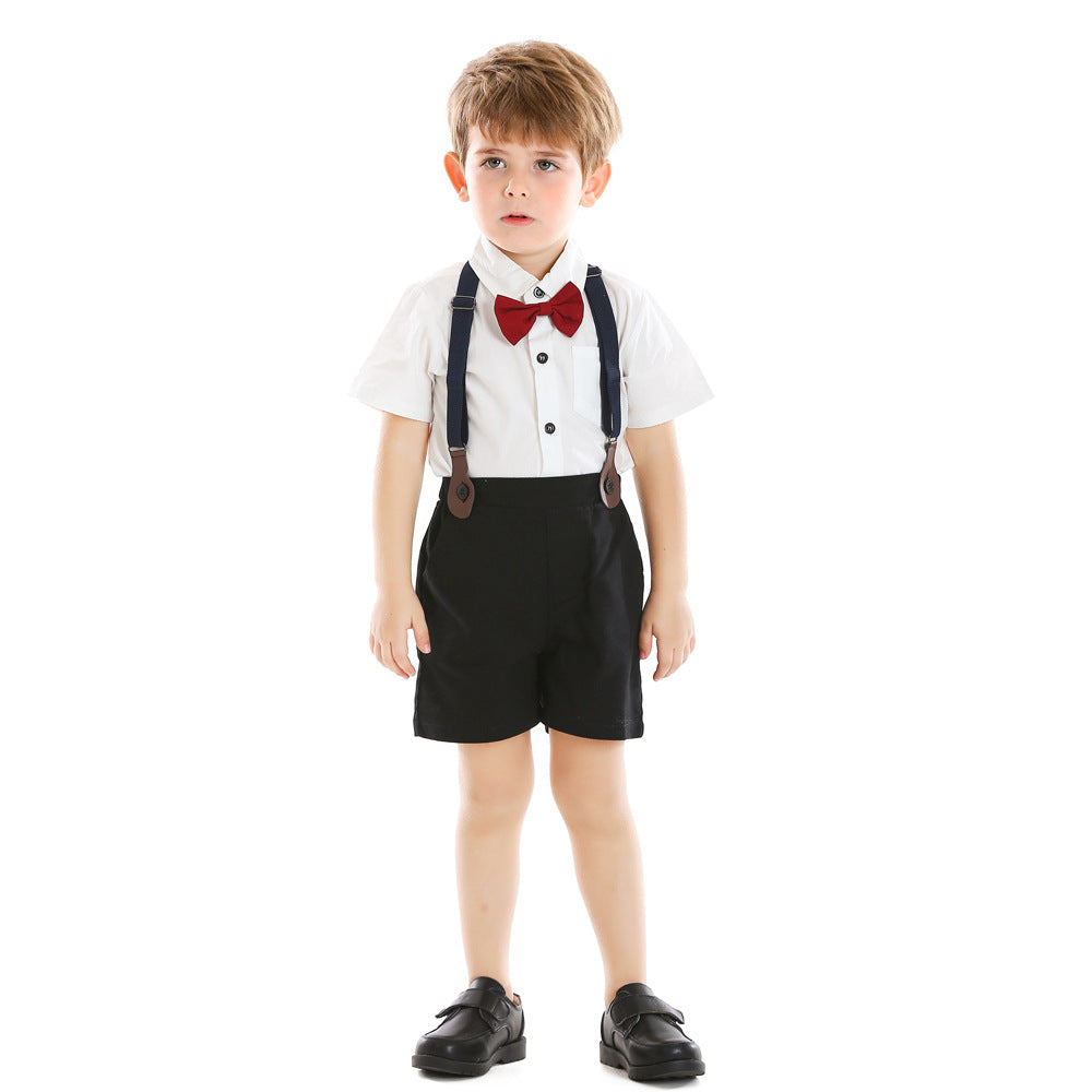 European and american children's summer gentleman outfit: boys' white short-sleeve shirt with suspender shorts - wholesale cross-border