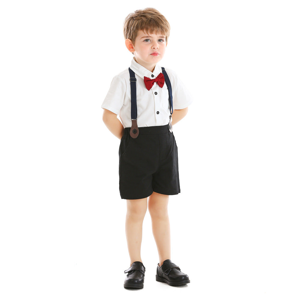 European and american children's summer gentleman outfit: boys' white short-sleeve shirt with suspender shorts - wholesale cross-border