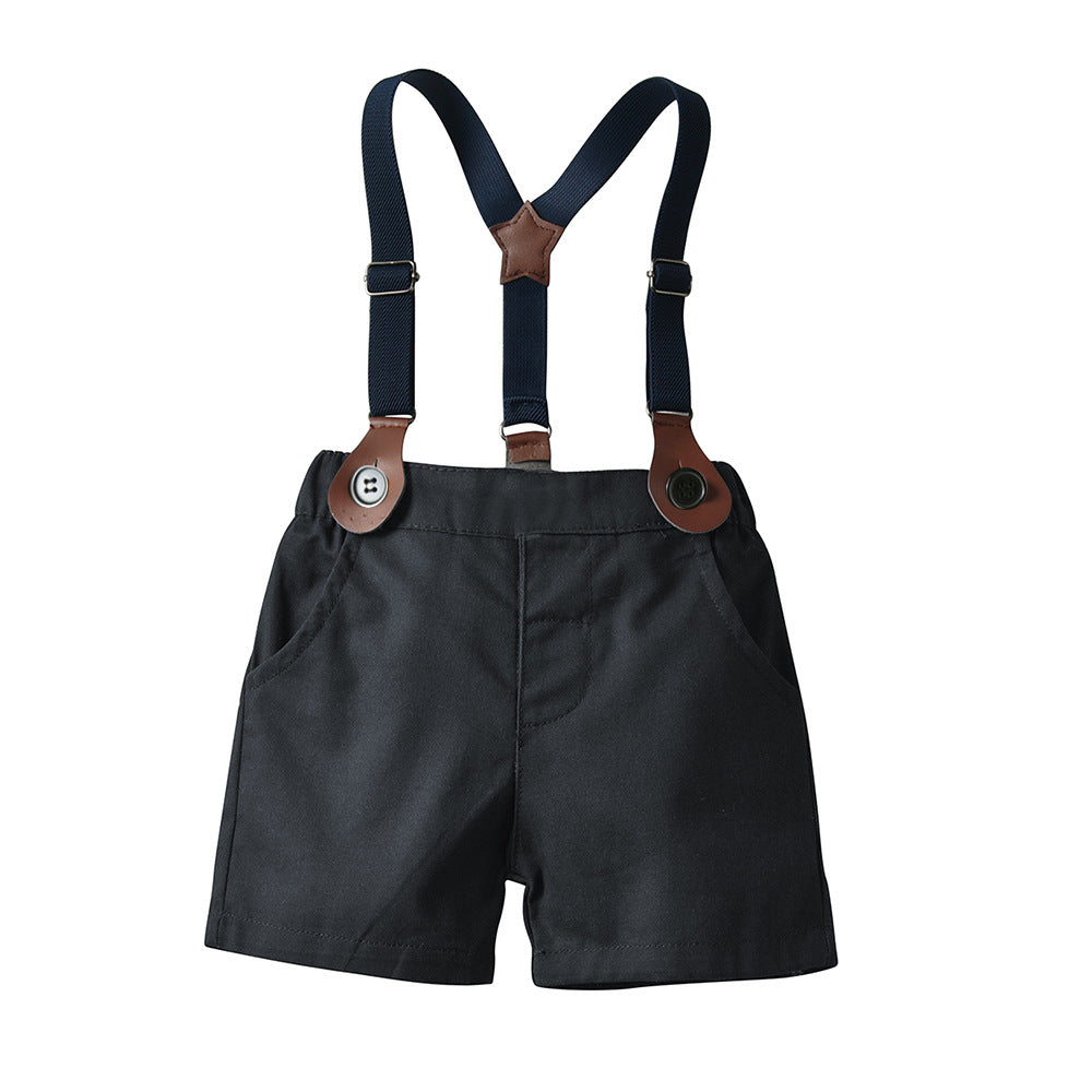European and american children's summer gentleman outfit: boys' white short-sleeve shirt with suspender shorts - wholesale cross-border