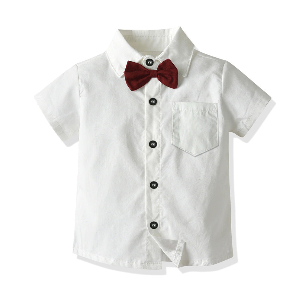 European and american children's summer gentleman outfit: boys' white short-sleeve shirt with suspender shorts - wholesale cross-border