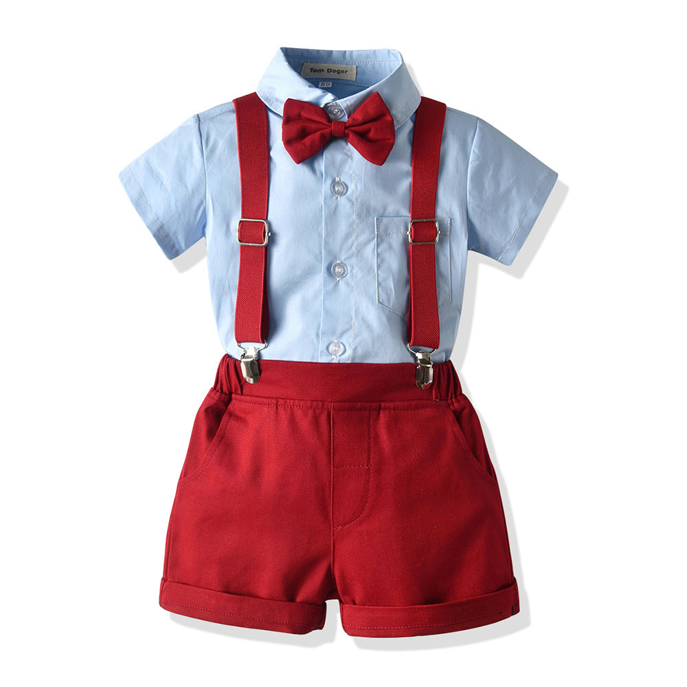 Korean style new children's solid color short sleeve & shorts two-piece set summer shirt outfit - direct from the manufacturer, gentleman style