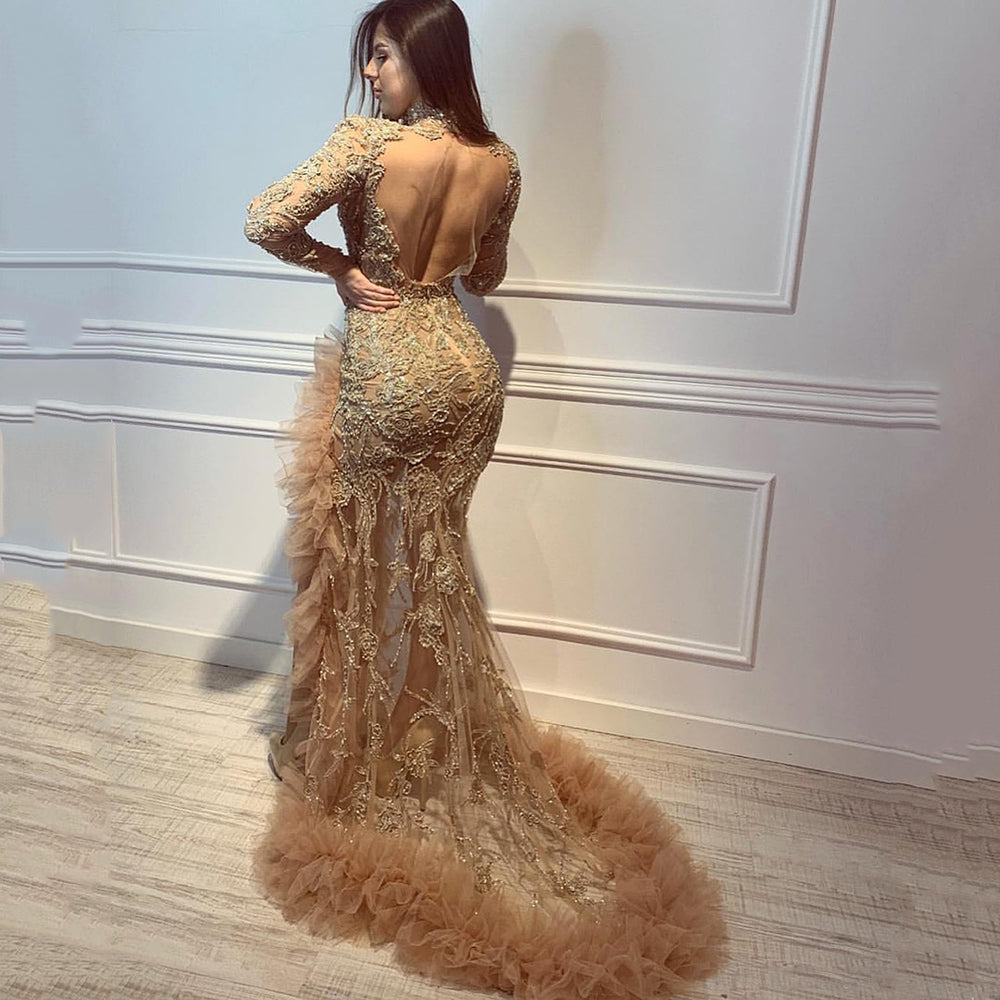 Gold sexy evening gown women  new arrival banquet elegant wedding party host long mermaid dress