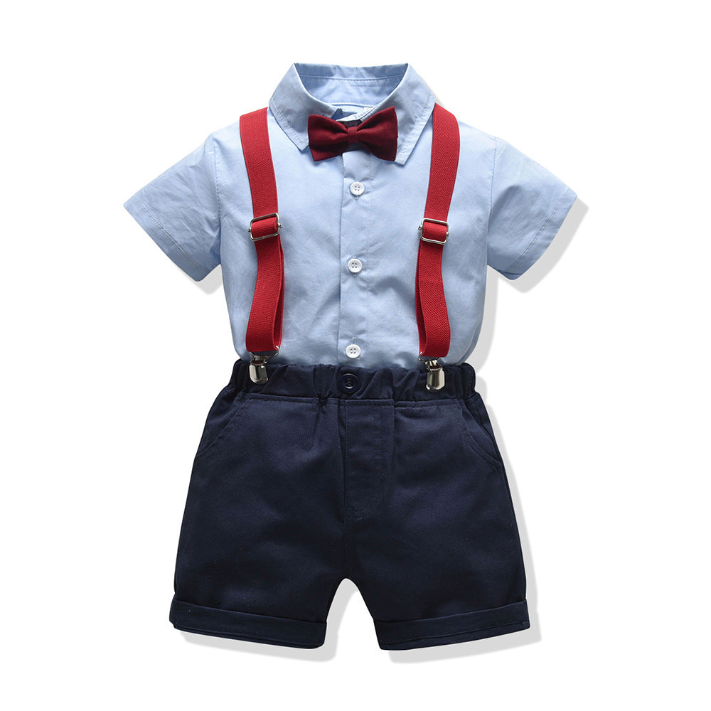 K-stylenew arrival boys spring and summer suit suspenders gentleman export short-sleeved two-piece set children's clothing wholesale baby sui