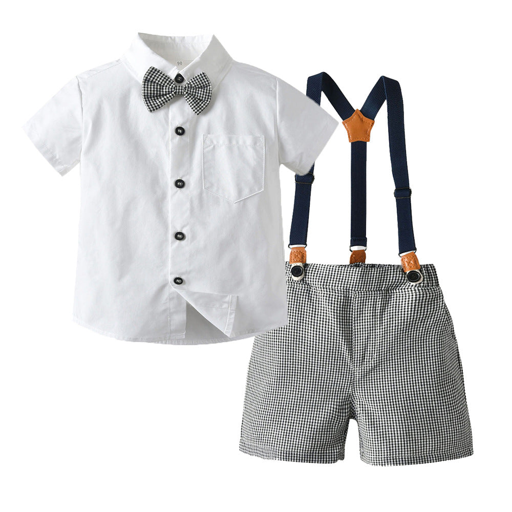 Source manufacturer kidssuit boys retro british short-sleeved suspenders two-piece setbaby suitpersonalizedoem