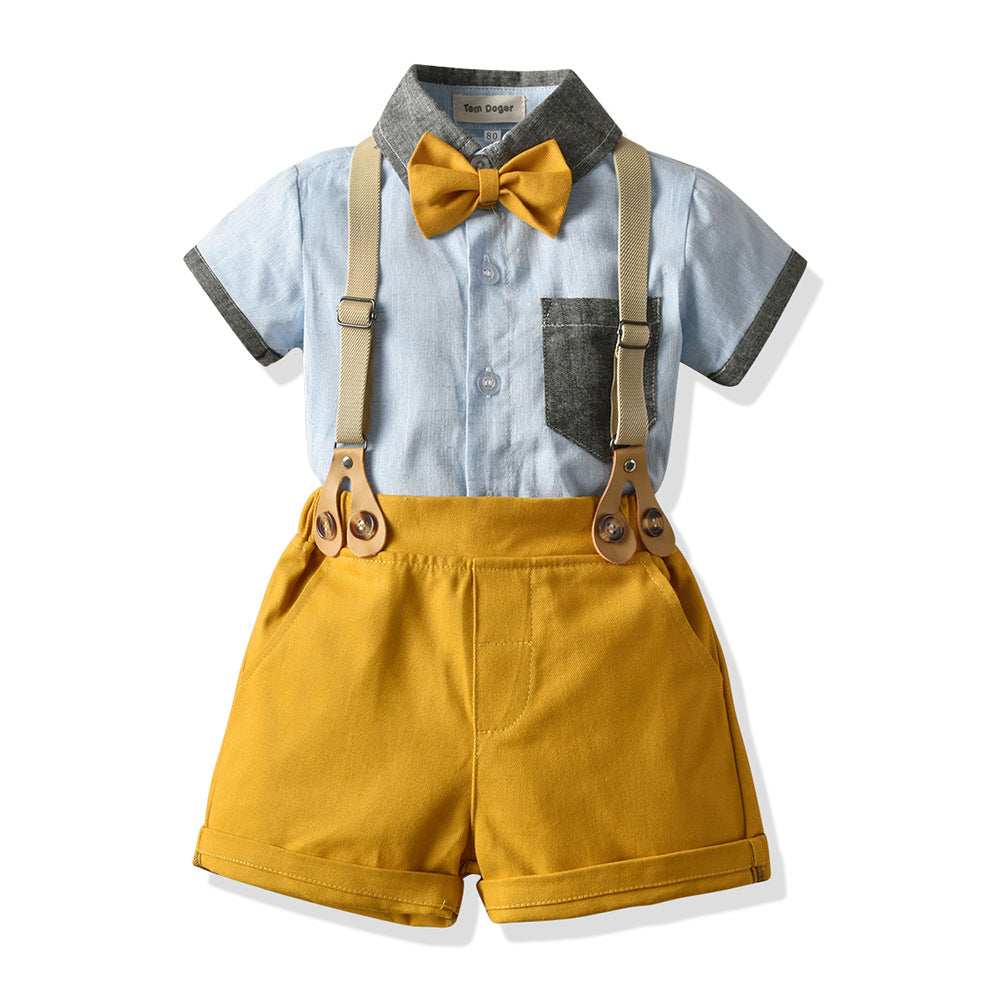Summerexportchildren's clothingkidscontrast colorpatchwork short-sleeved suspender suit bow tie gentleman flower girl dressbaby set