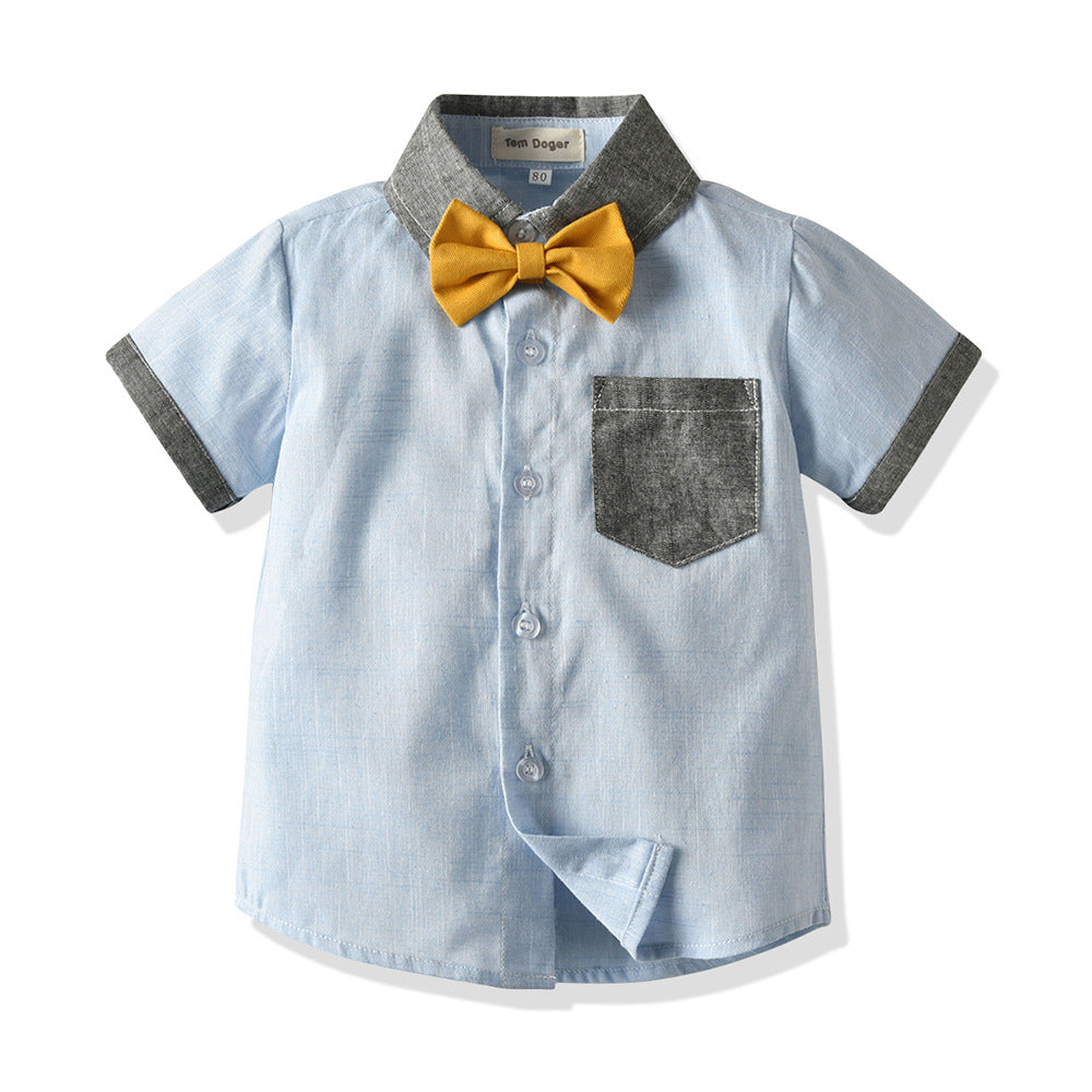 Summerexportchildren's clothingkidscontrast colorpatchwork short-sleeved suspender suit bow tie gentleman flower girl dressbaby set