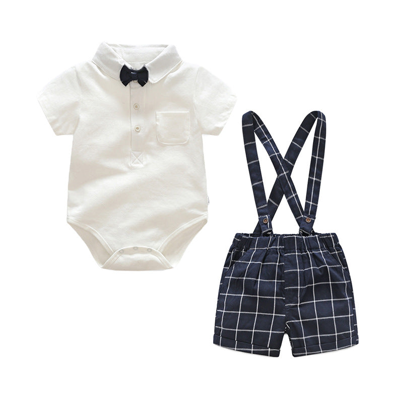 Export children's suit first birthday dress boys short-sleeved khaki plaid overalls two-piece set wholesale baby suit