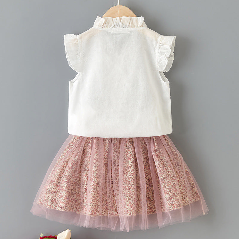 European and american cross-border summer new girls' sleeveless bow shirt and leopard print mesh skirt two-piece set children's clothing