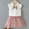 European and american cross-border summer new girls' sleeveless bow shirt and leopard print mesh skirt two-piece set children's clothing