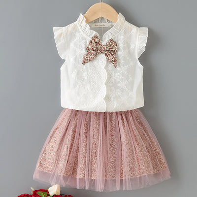 European and american cross-border summer new girls' sleeveless bow shirt and leopard print mesh skirt two-piece set children's clothing